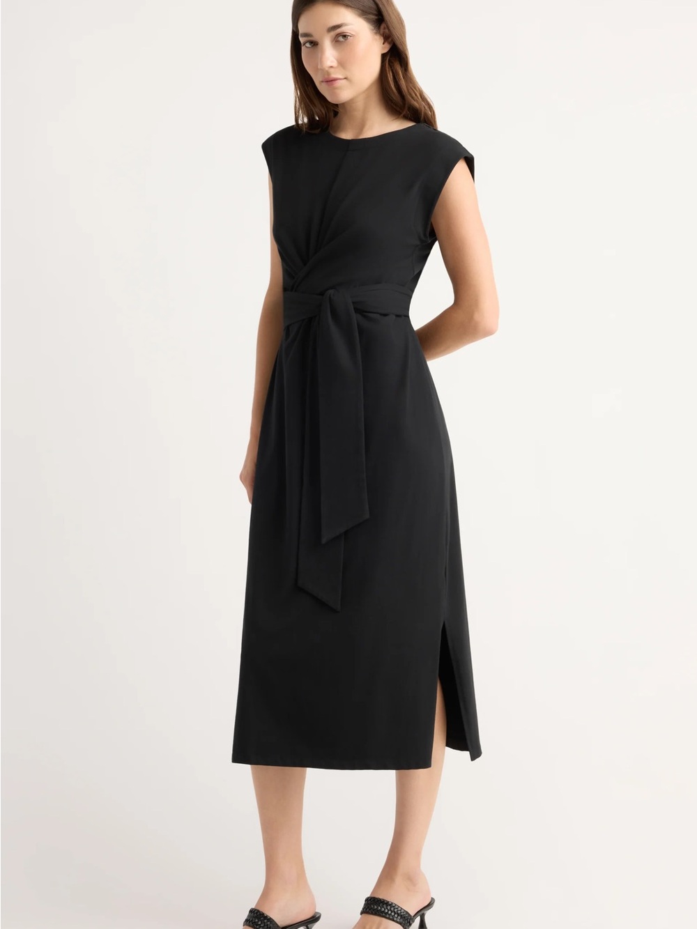 Modern Citizen Fei Sleeveless Black Tie-Waist Midi Dress Organic Cotton